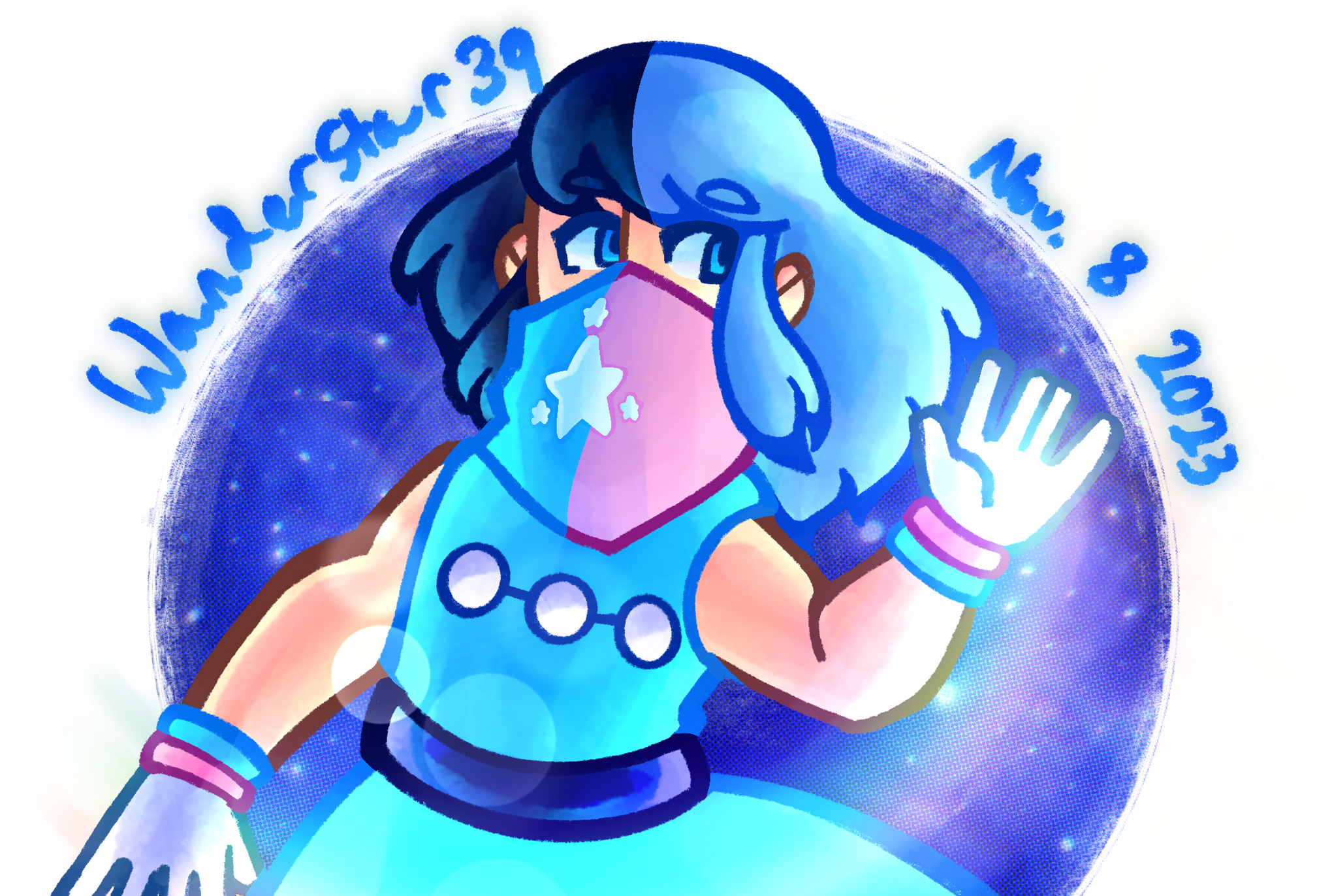 Artwork of Rigel (depicted as a Japanese/White mixed race person; they have blue eyes, split-dye blue hair, & wear a sky blue uchuu kei-inspired dress). With both hands, they are creating a rainbow-colored aura circling around them. The background is a sta